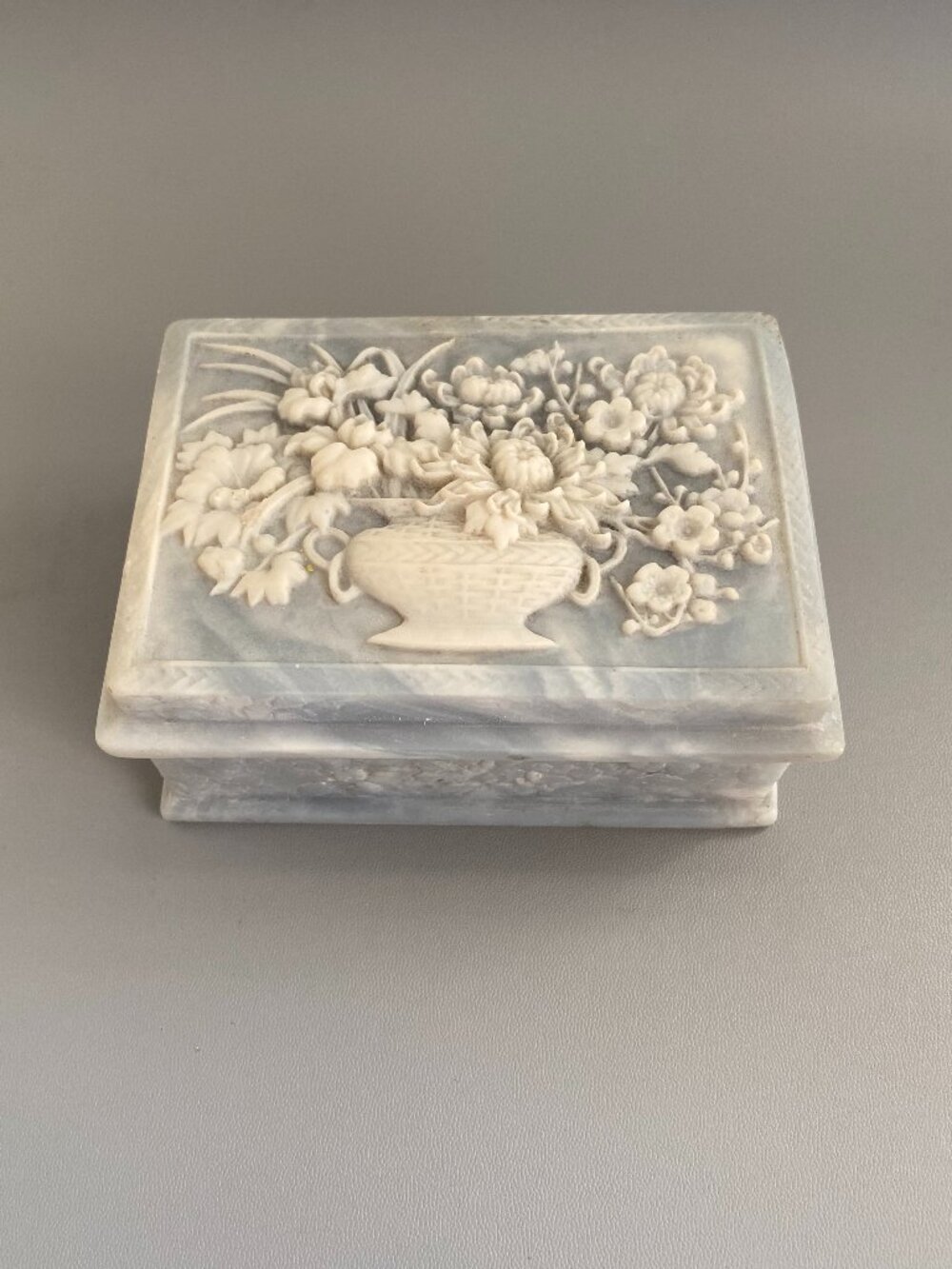 Vintage Incolay Stone Jewelry Box Blue White Floral Vase Relief Trinket Box